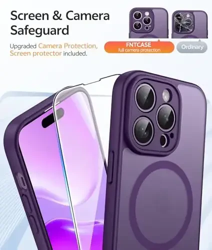 FNTCASE iPhone 14 Pro uchun g'ilof: [Magsafe bilan mos] Yarim shaffof matli g'iloflar [Kamera to'liq himoyalangan] [Ekran himoyasi] Harbiy standartdagi zarbaga chidamli himoya telefon qopqog'i - Binafsha - 4