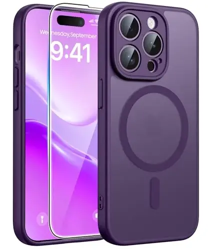 FNTCASE iPhone 14 Pro uchun g'ilof: [Magsafe bilan mos] Yarim shaffof matli g'iloflar [Kamera to'liq himoyalangan] [Ekran himoyasi] Harbiy standartdagi zarbaga chidamli himoya telefon qopqog'i - Binafsha 