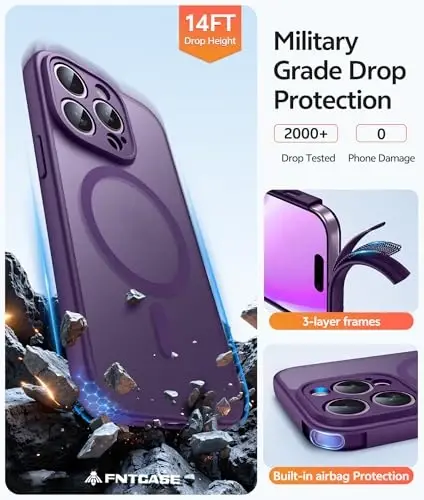FNTCASE iPhone 14 Pro uchun g'ilof: [Magsafe bilan mos] Yarim shaffof matli g'iloflar [Kamera to'liq himoyalangan] [Ekran himoyasi] Harbiy standartdagi zarbaga chidamli himoya telefon qopqog'i - Binafsha - 5