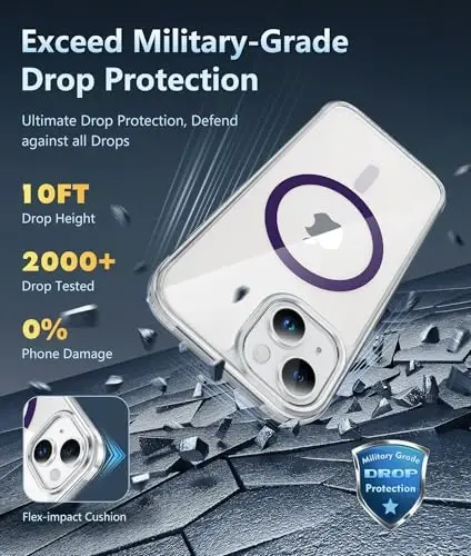 FNTCASE iPhone 14 uchun g'ilof: iPhone 13 uchun shaffof magnitli, harbiy darajadagi tushishdan himoya qiluvchi, sarg'aymaydigan mobil telefon qopqog'i: mustahkam, zarbalarga chidamli himoya bamperi (To'q binafsha) - 4