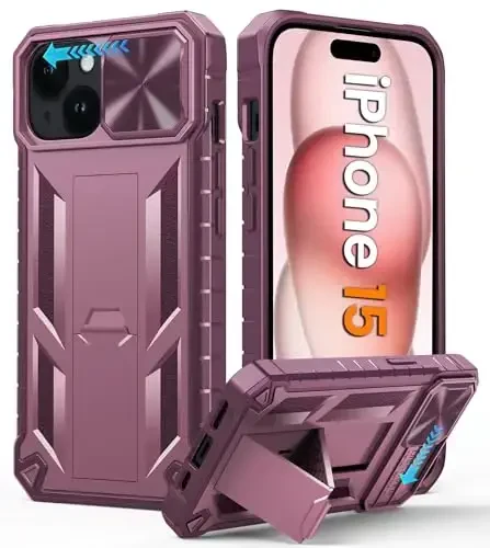 FNTCASE iPhone 15 himoya telefon qutisi uchun: iPhone 16e/iPhone 14 harbiy darajadagi tushishga chidamli mobil telefon qopqog'i tayanch va slayd bilan | Og'ir yuk ko'taruvchi mustahkam telefon qutisi bamperi teksturali (och pushti) 