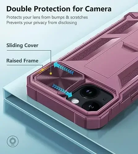 FNTCASE iPhone 15 himoya telefon qutisi uchun: iPhone 16e/iPhone 14 harbiy darajadagi tushishga chidamli mobil telefon qopqog'i tayanch va slayd bilan | Og'ir yuk ko'taruvchi mustahkam telefon qutisi bamperi teksturali (och pushti) - 3