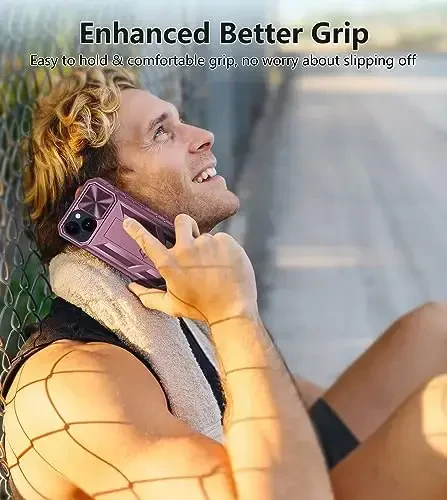 FNTCASE iPhone 15 himoya telefon qutisi uchun: iPhone 16e/iPhone 14 harbiy darajadagi tushishga chidamli mobil telefon qopqog'i tayanch va slayd bilan | Og'ir yuk ko'taruvchi mustahkam telefon qutisi bamperi teksturali (och pushti) - 4