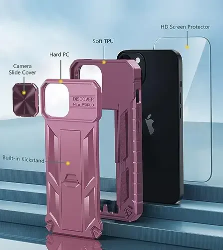 FNTCASE iPhone 15 himoya telefon qutisi uchun: iPhone 16e/iPhone 14 harbiy darajadagi tushishga chidamli mobil telefon qopqog'i tayanch va slayd bilan | Og'ir yuk ko'taruvchi mustahkam telefon qutisi bamperi teksturali (och pushti) - 6