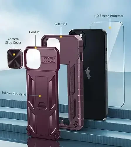 FNTCASE iPhone 15 himoya telefoni uchun g‘ilof: iPhone 16e/iPhone 14 harbiy darajadagi zarbga chidamli mobil telefon qopqog‘i, tirgak va slayd bilan | Og‘ir yuk ko‘taruvchi, mustahkam telefon g‘ilofi, bamper teksturali (Burgundi) - 6