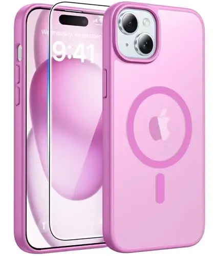 FNTCASE for iPhone 15 Case: for iPhone 14 Case & iPhone 13 Case [Compatible with Magsafe] Translucent Matte Cases with [Screen Protector] Military Grade Shockproof Protective Phone Cover - Pink 