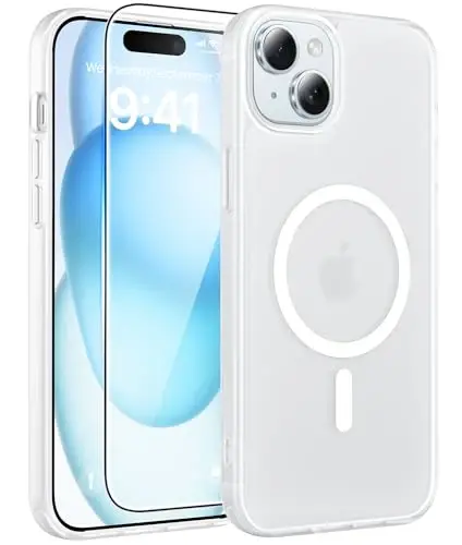 FNTCASE for iPhone 15/14/13 Case, Fit for Magsafe, Glass Screen Protector | Translucent Matte, Magnetic Phone Cases, 14FT Military Grade Drop Protection, Slim Shockproof Protective Cover, White 
