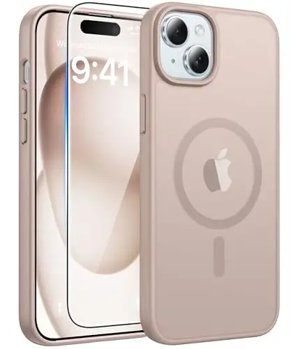 FNTCASE for iPhone 15/14/13 Case, Fit for Magsafe, Glass Screen Protector | Translucent Matte, Magnetic Phone Cases, 14FT Military Grade Drop Protection, Slim Shockproof Protective Cover, Desert Gold 