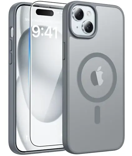 FNTCASE for iPhone 15/14/13 Case, Fit for Magsafe, Glass Screen Protector | Translucent Matte, Magnetic Phone Cases, 14FT Military Grade Drop Protection, Slim Shockproof Protective Cover, Gray 