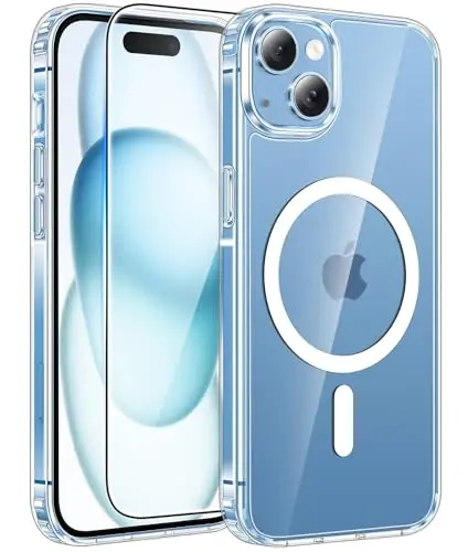 FNTCASE for iPhone 15 Case: for iPhone 14 Case & iPhone 13 Case [Compatible with Magsafe] [Screen Protector] Anti Yellowing Transparent Clear - Military Grade Shockproof Protective Phone Cover - Clear 
