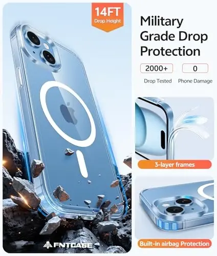 FNTCASE for iPhone 15 Case: for iPhone 14 Case & iPhone 13 Case [Compatible with Magsafe] [Screen Protector] Anti Yellowing Transparent Clear - Military Grade Shockproof Protective Phone Cover - Clear - 5