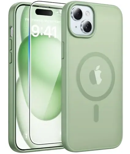 FNTCASE for iPhone 15/14/13 Case, Fit for Magsafe, Glass Screen Protector | Translucent Matte, Magnetic Phone Cases, 14FT Military Grade Drop Protection, Slim Shockproof Protective Cover, Light Moss 