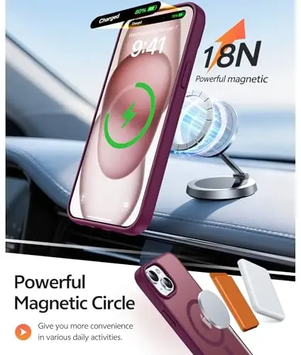 FNTCASE for iPhone 15/14/13 Case, Fit for Magsafe, Glass Screen Protector | Translucent Matte, Magnetic Phone Cases, 14FT Military Grade Drop Protection, Slim Shockproof Protective Cover, Wine Red - 3