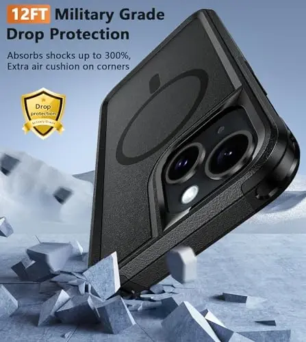 FNTCASE iPhone 15 Magnet Case uchun: Magnitli ikki qatlamli harbiy darajadagi zarbga chidamli himoya mobil telefon qopqog'i - Bardoshli, og'ir yuk ko'taruvchi himoya bamperi qattiq qora - 6