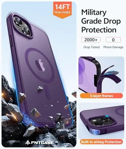 FNTCASE iPhone 15 Plus G‘ilofi: iPhone 14 Plus G‘ilofi uchun Shaffof Mat Harbiy Darajadagi Himoya Telefon Qoplami - Yupqa Sirpanishga Qarshi Bardoshli Zarbaga Qarshi Tomchi Himoya G‘iloflari - Binafsha - 5