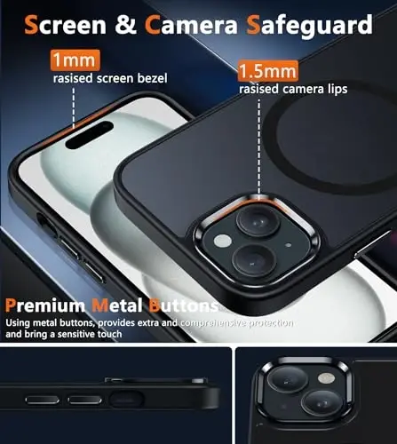 FNTCASE iPhone 15 Plus g‘ilofi: Magsafe bilan mos keluvchi matli magnitli telefon g‘iloflari, ingichka, sarg‘aymaydigan, harbiy darajadagi tushishdan himoya, mustahkam himoyali yarim shaffof mobil qopqoq (D-Qora Magnit) - 5
