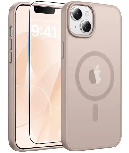 FNTCASE for iPhone 15 Plus Case: for iPhone 14 Plus Case [Compatible with Magsafe] Translucent Matte Cases with [Screen Protector] Military Grade Shockproof Protective Phone Cover - Desert Gold - 1