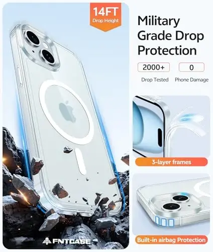 FNTCASE for iPhone 15/14 Plus Case Clear, Fit for Magsafe, Screen Protector | Anti Yellowing Magnetic Back, 14FT Military Grade Drop Protection, Shockproof Protective Phone Cover, Transparent - 5