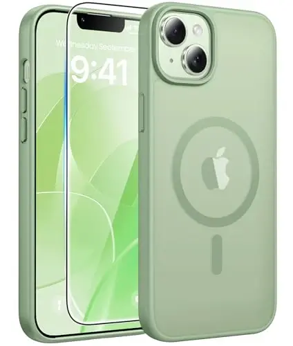 FNTCASE for iPhone 15/14 Plus Case, Fit for Magsafe, Screen Protector | Translucent Matte Magnetic Back, 14FT Military Grade Drop Protection, Shockproof Protective Phone Cover, Light Moss 