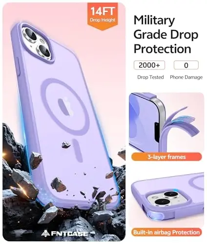 FNTCASE for iPhone 15 Plus Case: for iPhone 14 Plus Case Translucent Matte Military Grade Protective Phone Cover - Slim Anti-Slip Durable Shockproof Drop Protection Cases - Light Purple - 5