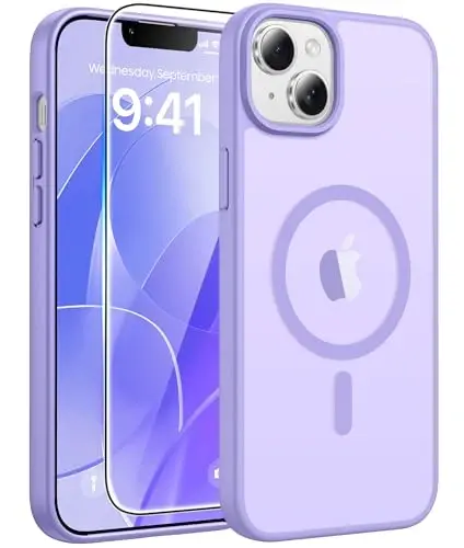 FNTCASE for iPhone 15/14 Plus Case, Fit for Magsafe, Screen Protector | Translucent Matte Magnetic Back, 14FT Military Grade Drop Protection, Shockproof Protective Phone Cover, Light Purple 