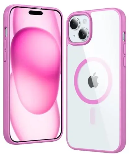 FNTCASE iPhone 15 Plus uchun g'ilof: ekran himoyachisi bilan magnitli shaffof telefon g'iloflari Magsafe Slim sarg'ayishga qarshi zarbga chidamli himoya shaffof mobil telefon qopqog'i (B-pushti) 
