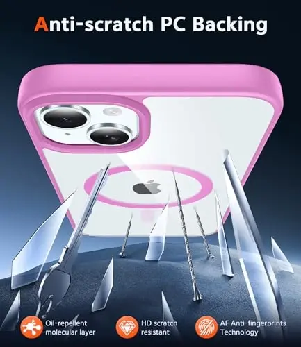 FNTCASE iPhone 15 Plus uchun g'ilof: ekran himoyachisi bilan magnitli shaffof telefon g'iloflari Magsafe Slim sarg'ayishga qarshi zarbga chidamli himoya shaffof mobil telefon qopqog'i (B-pushti) - 5