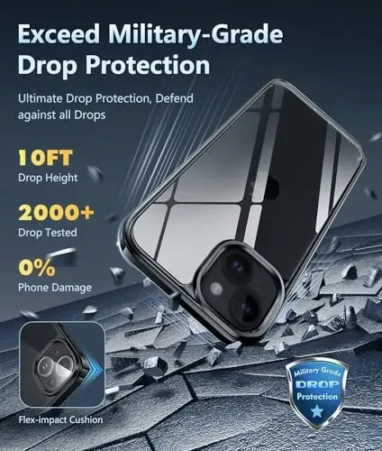 FNTCASE iPhone 15 Plus uchun g'ilof: iPhone 14 Plus uchun g'ilof Harbiy Ingichka Moslash Anti-sarg'ayish Zarbadan himoya qiluvchi Yupqa Shaffof Telefon Qopqog'i, 6,7 dyuym (D-qora) - 3