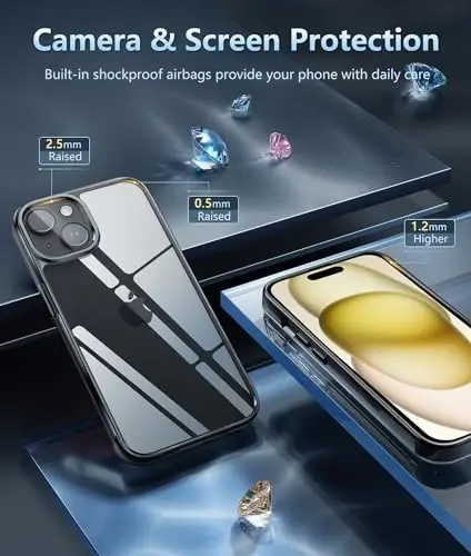 FNTCASE iPhone 15 Plus uchun g'ilof: iPhone 14 Plus uchun g'ilof Harbiy Ingichka Moslash Anti-sarg'ayish Zarbadan himoya qiluvchi Yupqa Shaffof Telefon Qopqog'i, 6,7 dyuym (D-qora) - 4