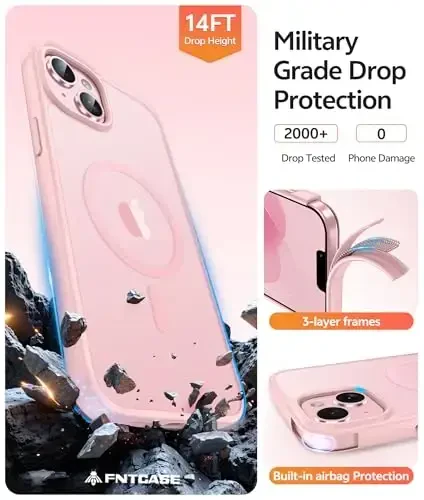 FNTCASE iPhone 15 Plus uchun g'ilof: iPhone 14 Plus uchun g'ilof [Magsafe bilan mos] Shaffof matli g'iloflar [Ekran himoyachisi bilan] Harbiy darajadagi zarbga chidamli himoya telefon qopqog'i - och pushti - 5