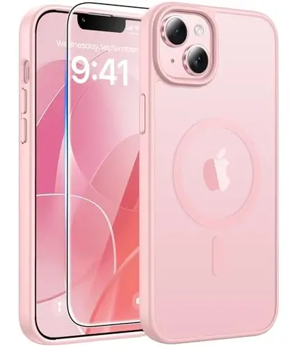 FNTCASE iPhone 15 Plus uchun g'ilof: iPhone 14 Plus uchun g'ilof [Magsafe bilan mos] Shaffof matli g'iloflar [Ekran himoyachisi bilan] Harbiy darajadagi zarbga chidamli himoya telefon qopqog'i - och pushti - 1