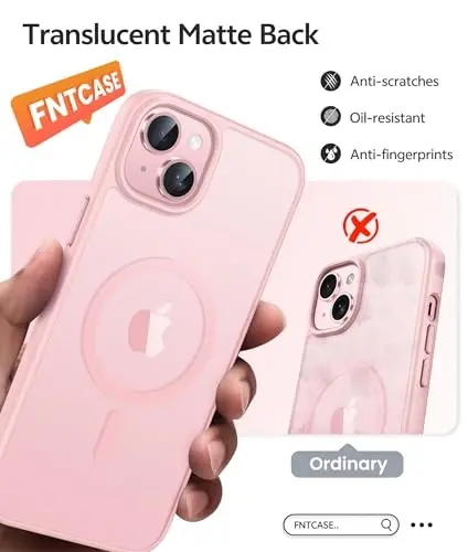 FNTCASE iPhone 15 Plus uchun g'ilof: iPhone 14 Plus uchun g'ilof [Magsafe bilan mos] Shaffof matli g'iloflar [Ekran himoyachisi bilan] Harbiy darajadagi zarbga chidamli himoya telefon qopqog'i - och pushti - 6