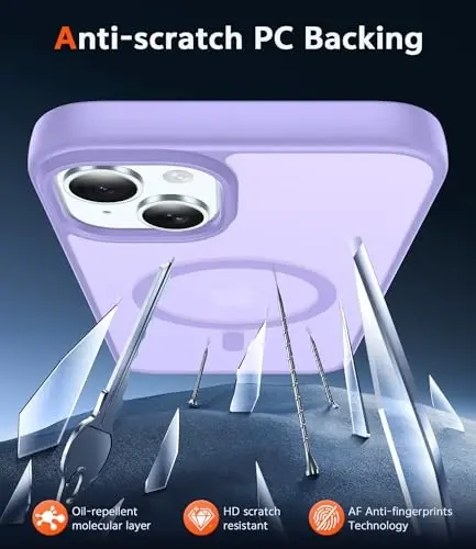 FNTCASE iPhone 15 Plus uchun g‘ilof: Magsafe bilan mos keladigan, ekran himoyasi bilan, ingichka, sarg‘ayishga qarshi, zarbga chidamli, himoya qiluvchi yarim shaffof mobil telefon g‘iloflari (C-binafsha) - 5