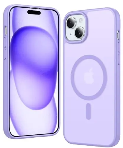 FNTCASE iPhone 15 Plus uchun g‘ilof: Magsafe bilan mos keladigan, ekran himoyasi bilan, ingichka, sarg‘ayishga qarshi, zarbga chidamli, himoya qiluvchi yarim shaffof mobil telefon g‘iloflari (C-binafsha) 