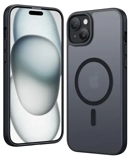 FNTCASE iPhone 15 Plus uchun g'ilof: Magsafe bilan mos keladigan mat magnit telefon g'iloflari ekran himoyachisi bilan ingichka sarg'ayishga qarshi zarbga chidamli himoya yarim shaffof mobil telefon qopqog'i (C-qora) - 1