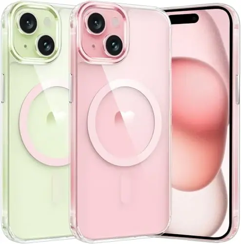 FNTCASE iPhone 15-Plus uchun telefon g'ilofi: iPhone 14 Plus uchun magnitli shaffof harbiy zarbga chidamli, sarg'ayishga qarshi ingichka telefon qopqog'i, himoya qattiq g'ilof - 6,7 dyuym (D-pushti) 