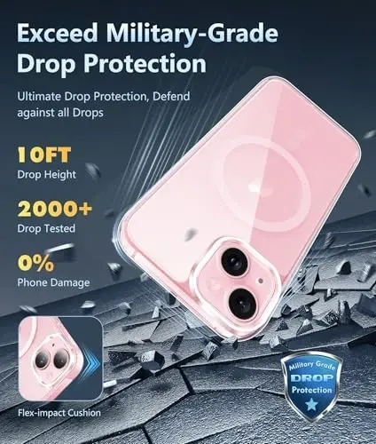 FNTCASE iPhone 15-Plus uchun telefon g'ilofi: iPhone 14 Plus uchun magnitli shaffof harbiy zarbga chidamli, sarg'ayishga qarshi ingichka telefon qopqog'i, himoya qattiq g'ilof - 6,7 dyuym (D-pushti) - 4