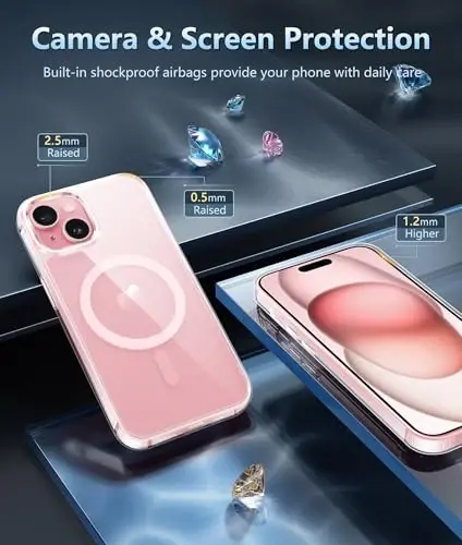 FNTCASE iPhone 15-Plus uchun telefon g'ilofi: iPhone 14 Plus uchun magnitli shaffof harbiy zarbga chidamli, sarg'ayishga qarshi ingichka telefon qopqog'i, himoya qattiq g'ilof - 6,7 dyuym (D-pushti) - 5
