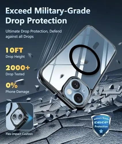 FNTCASE iPhone 15-Plus uchun telefon gʻilofi: Magnitli tiniq harbiy standartga javob beradigan zarbaga chidamli, sargʻaymaydigan ingichka telefon qopqogʻi, himoya qiluvchi mustahkam gʻilof - 6,7 dyuym (B-qora) - 3