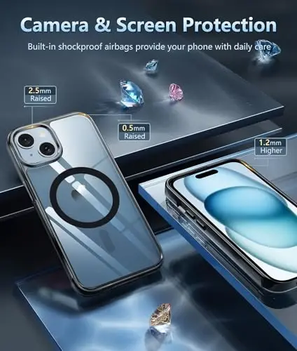 FNTCASE iPhone 15-Plus uchun telefon gʻilofi: Magnitli tiniq harbiy standartga javob beradigan zarbaga chidamli, sargʻaymaydigan ingichka telefon qopqogʻi, himoya qiluvchi mustahkam gʻilof - 6,7 dyuym (B-qora) - 4