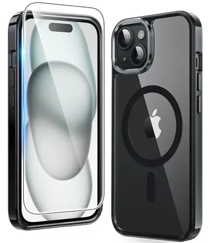 FNTCASE iPhone 15-Plus uchun telefon gʻilofi: Magnitli tiniq harbiy standartga javob beradigan zarbaga chidamli, sargʻaymaydigan ingichka telefon qopqogʻi, himoya qiluvchi mustahkam gʻilof - 6,7 dyuym (B-qora) - 5