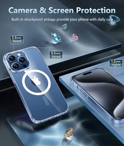 FNTCASE iPhone 15 Pro g‘ilofi: Kuchli magnitli, sarg‘aymaydigan, yupqa va shaffof telefon g‘ilofi | Harbiy darajadagi himoya va zarbaga chidamli, yupqa shaffof qopqoq (Kristal tiniqligida) - 5