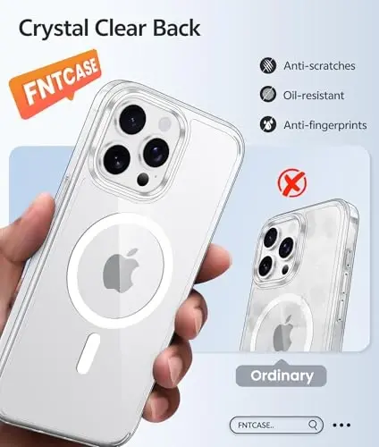 FNTCASE for iPhone 15 Pro Case Clear, Fit for Magsafe, Screen Protector | Anti Yellowing Magnetic Back, 14FT Military Grade Drop Protection, Shockproof Protective Phone Cover, Transparent 