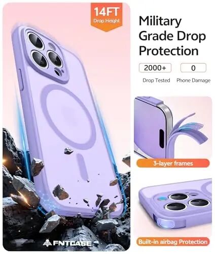 FNTCASE for iPhone 15 Pro Case, Fit for Magsafe, Screen Protector | Full Camera Protection, Translucent Matte, 14FT Military Grade Drop Proof, Shockproof Protective Phone Cover,Light Purple - 1