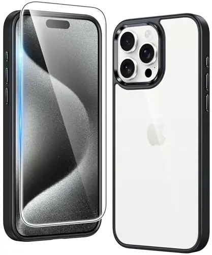 FNTCASE iPhone 15 Pro-Max G‘ilofi Shaffof: Yupqa, Sarg‘aymaydigan, Harbiy Darajadagi Tomchidan Himoyali, Mustahkam Zarbga Chidamli Shaffof Telefon G‘ilofi (Qora Shaffof) - 3