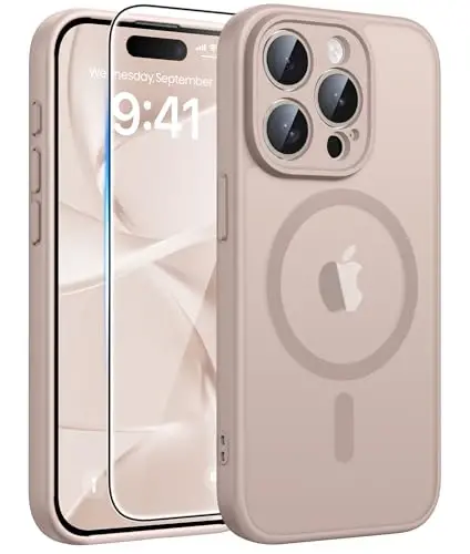 FNTCASE for iPhone 15 Pro Max Case, Fit for Magsafe, Glass Screen Protector | Full Camera Protection, Translucent Matte, 14FT Military Grade Drop Proof, Shockproof Protective Phone Cover, Desert Gold 
