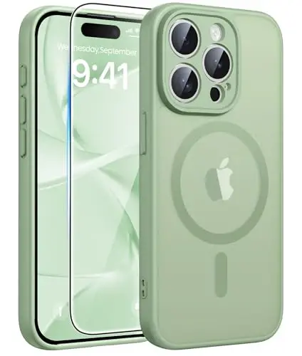 FNTCASE for iPhone 15 Pro Max Case, Fit for Magsafe, Glass Screen Protector | Full Camera Protection, Translucent Matte, 14FT Military Grade Drop Proof, Shockproof Protective Phone Cover, Light Moss - FNTCASE