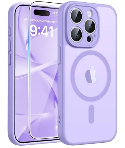 FNTCASE for iPhone 15 Pro Max Case, Fit for Magsafe, Glass Screen Protector | Full Camera Protection, Translucent Matte, 14FT Military Grade Drop Proof, Shockproof Protective Phone Cover, Light Purple 