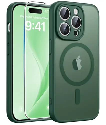 FNTCASE for iPhone 15 Pro Max Case, Fit for Magsafe, Glass Screen Protector | Full Camera Protection, Translucent Matte, 14FT Military Grade Drop Proof, Shockproof Protective Phone Cover, Green 