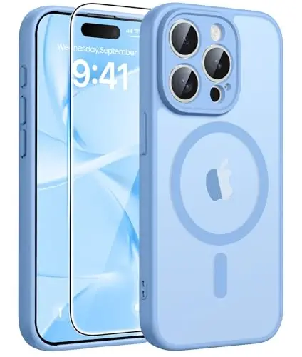 FNTCASE for iPhone 15 Pro Max Case, Fit for Magsafe, Glass Screen Protector | Full Camera Protection, Translucent Matte, 14FT Military Grade Drop Proof, Shockproof Protective Phone Cover, Light Blue 